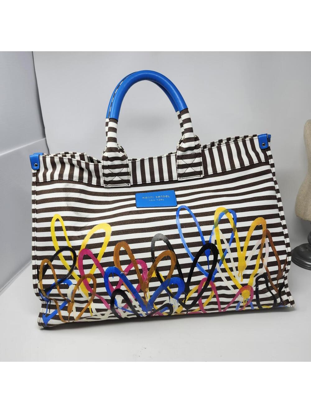 henri bendel Brown & White Striped Tote with Multicolor Heart Accents